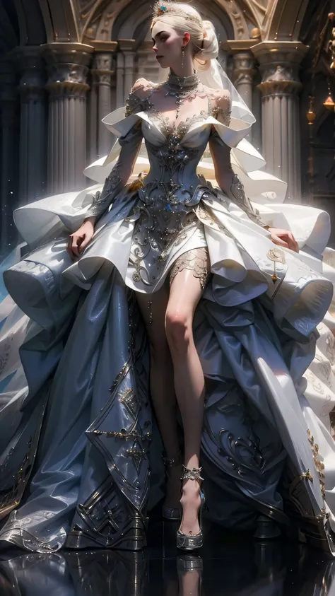 1 girl,solo,medium breasts,Outdoors,(full body:1.3),,off-shoulder dress,Pearl \(Gemstones\),tiara,Veil,wedding dress,, best quality,masterpiece,high resolution,Official Art,Highly Detailed CG Unity 8K Wallpaper