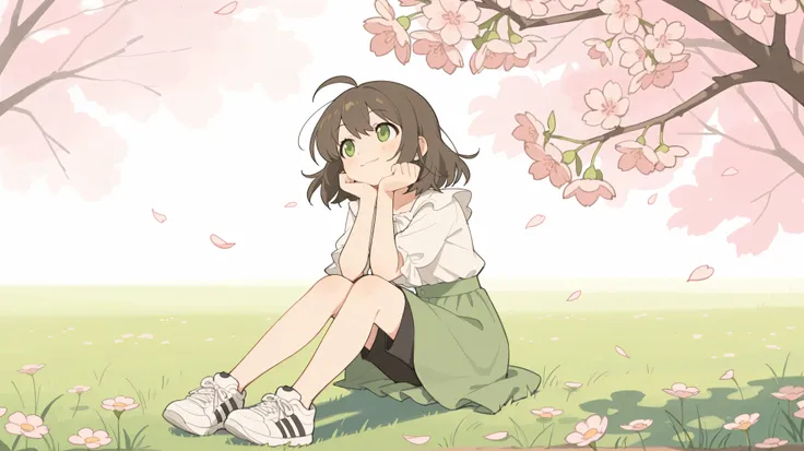 masterpiece, best quality, newest, absurdres, highres,look at the view,
short dark brown hair, ahoge, shiny green eyes, 1girl, solo, peaceful and happy expression, soft smile, soft blush, sitting on the grass in a spring garden or park, surrounded by bloom...