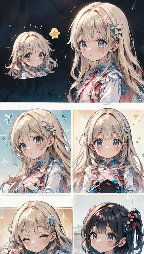 Dots are、明るいピンクの頬、she has chin-length, curly, golden blonde hair with wavy bangs.、she'dark-skinned girl, she is wearing a bright red headband with a ribbon on the right side of her head.. Dots are、she wears a shiny pastel blue and scarlet red dress wit...