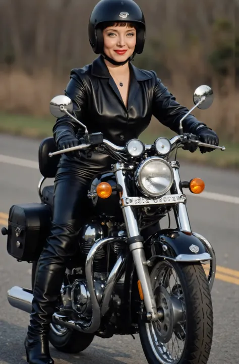 Marsha Queen Of Diamonds wearing a black leather pants, wearing black leather knee high boots, wearing black leather opera gloves. wearing a helmet, riding a motorcycle, full body picture, she is smiling.