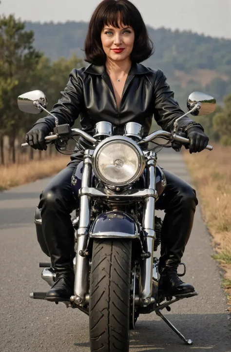 Marsha Queen Of Diamonds wearing a black leather pants, wearing black leather boots over her pants, wearing a black leather jacket, wearing black leather opera gloves. riding a motorcycle, full body picture, she is smiling.