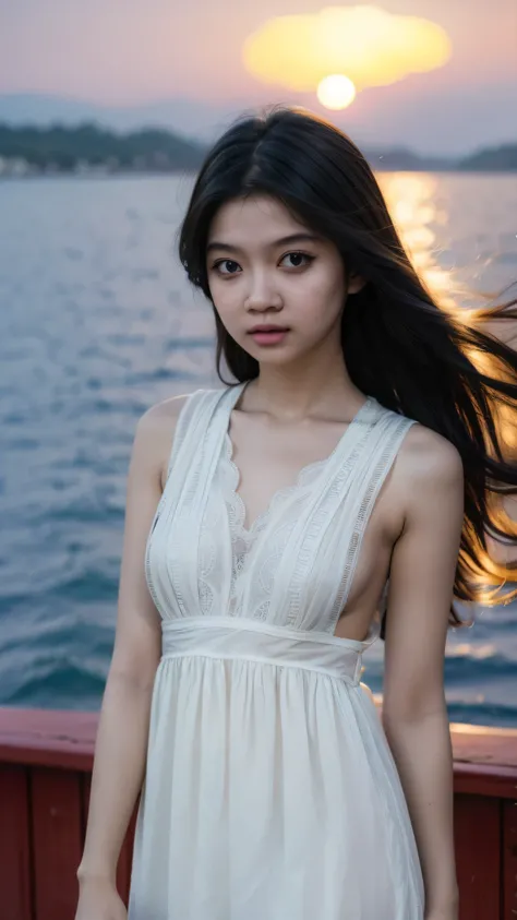 lace suspender short dress, A beautiful young girl, detailed eyes, detailed lips, extremely detailed face, long eyelashes, cute suspender dress, confident and fierce expression, standing on a wooden ship's deck, overlooking the vast sea, long wavy hair blo...