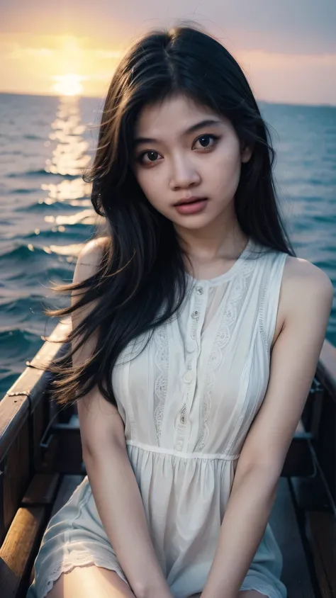 lace suspender short dress, A beautiful young girl, detailed eyes, detailed lips, extremely detailed face, long eyelashes, cute suspender dress, confident and fierce expression, standing on a wooden ship's deck, overlooking the vast sea, long wavy hair blo...
