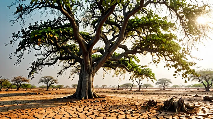 Dynamic Photo of an old Peepal tree in a barren land, stunning picture, realistic cinematic style, 4k ultra HD quality in 3D