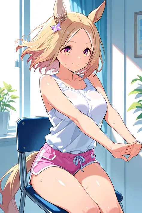 narita top road \(umamusume\),(((masterpiece))),(((detailed)))((best quality)),((hyper detailed)),(beautiful),((shinythighs)),(((shiny skin))),(high quality skin),((8k)),((high resolution)),sitting on chair,,sweat,smile,floating hair,closed mouth,light blu...