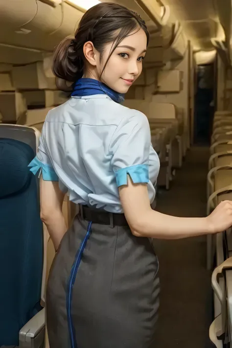 (masterpiece:1.2, best quality:1.2), 32kHDR, HD 。 perfect for loosely aligning your legs , (alone、 1 girl)、( daytime building rooftop 、 professional writing )、 against the roof of a building 、(ANA Flight Attendant Uniform Blue Wear 、real style )、(( ...