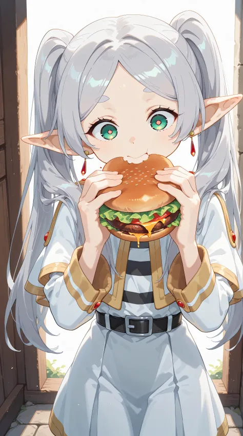 score_9, score_8_up, score_7_up, score_6_up, score_5_up, score_4_up, source_anime BREAK frieren, long hair, twintails, green eyes, detailed eyes, well-aligned eyes, grey hair, pointy ears, 1girl, solo, jermaWhopper, eating, burger, looking at you, upper bo...