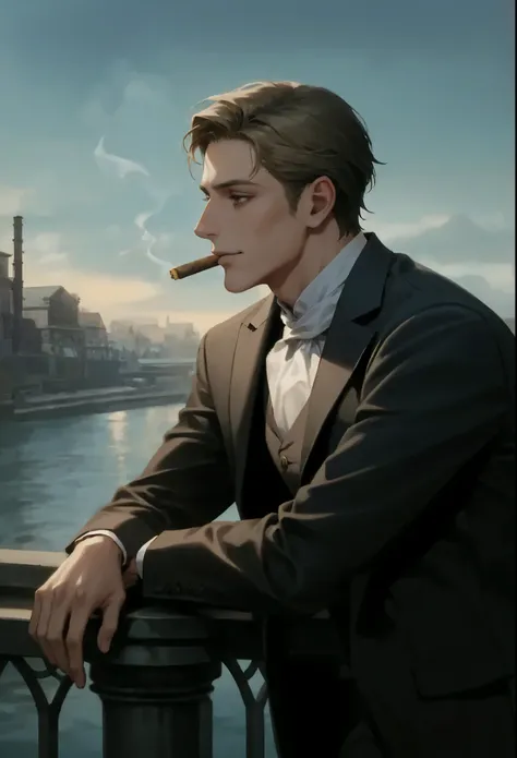 Victorian clothes , male, dark blonde hair,side swept to side, brown eyes , age up:1.3, middle age man, tired expression, light smile, depression, expressionless, Victorian  bridge, leaning  on bridge railing, elbows on railing,  gothic, white cravat, mist...