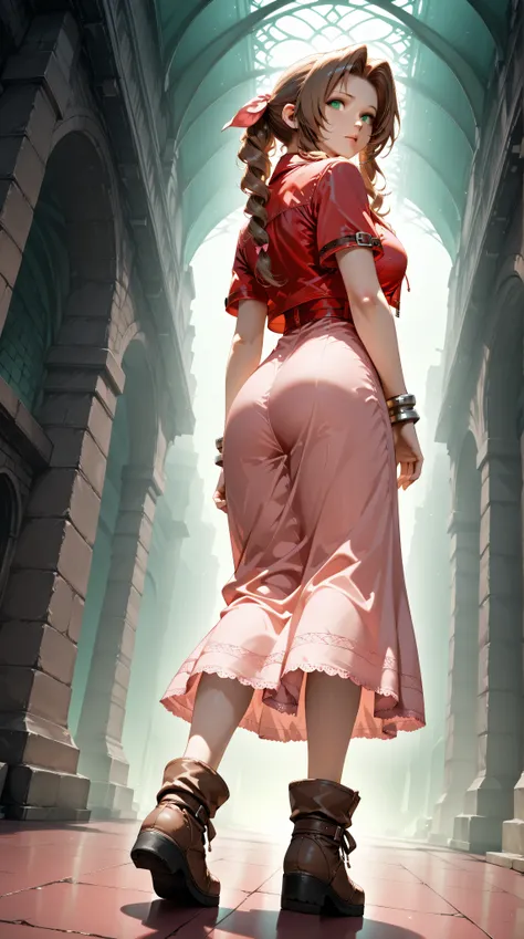 score_9, score_8_up , score_7_up , masterpiece, source_anime, break, 1girl , aerith_gainsborough, final_ fantasy, 1girl , brown_hair, green_eyes,(realistic:1.1),(full body :1.2),Big Breasts, sadistic expressions,(angle from be...