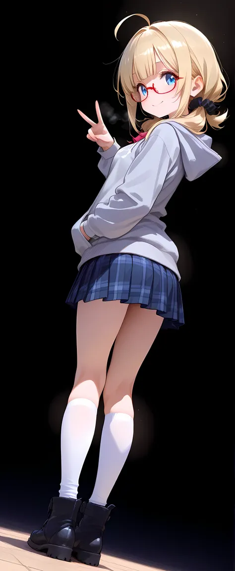 {{{Ultra wide shot}}}, full body, (Head-to-toe shot:1.2), looking at viewer, looking back,1 girl,arched back,Dutch angle,high angle, front light,making a V sign,high school student,svelte body,petite,blue eyes, red-frame under rim glasses, fair smooth skin...