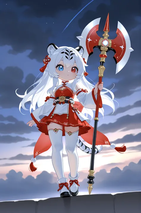 white long hair , red eyes on the left,blue eyes on the right,Wearing an exquisite skirt,The skirt is decorated with stars,tiger ear girl,cute anime image,tchibi,single girl,, 4k quality,The most perfect work of art,Red as the main color,Full body photo,Ho...