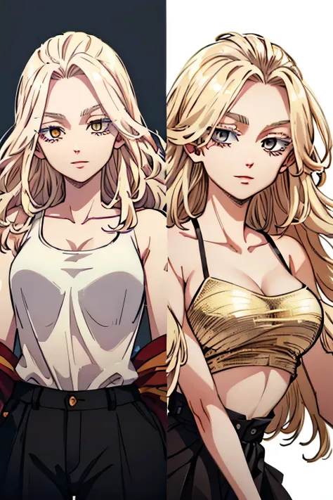 Tokyo Revengers Women's OC ,with long blonde and wavy hair,with a straight fringe and golden eyes and long eyelashes and charming appearance