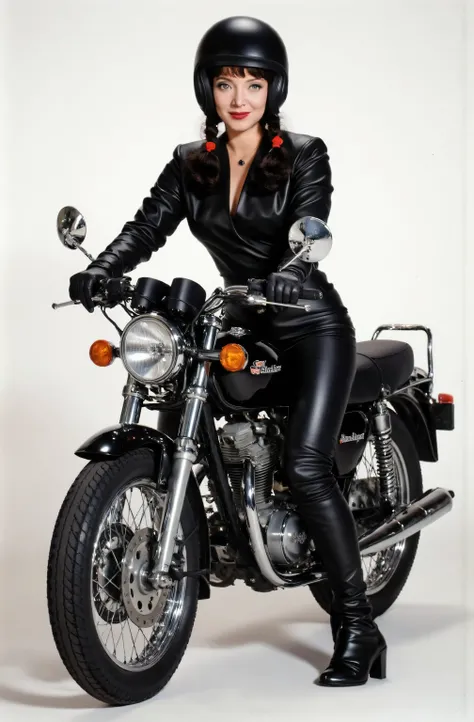 Marsha Queen Of Diamonds wearing a black leather pants, wearing black leather knee high boots, wearing black leather opera gloves. wearing a helmet, riding a motorcycle, full body picture, she is smiling.
