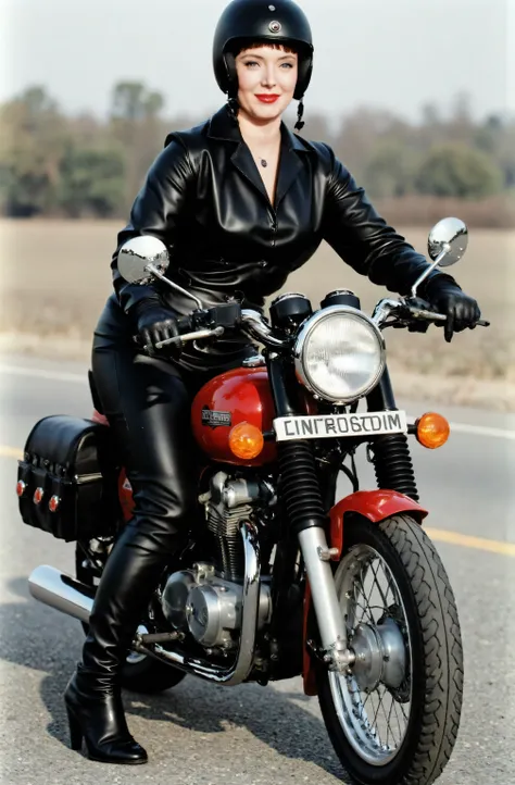 Marsha Queen Of Diamonds wearing a black leather pants, wearing black leather boots up to her knees, wearing black leather opera gloves. wearing a helmet, riding a motorcycle, full body picture, she is smiling.
