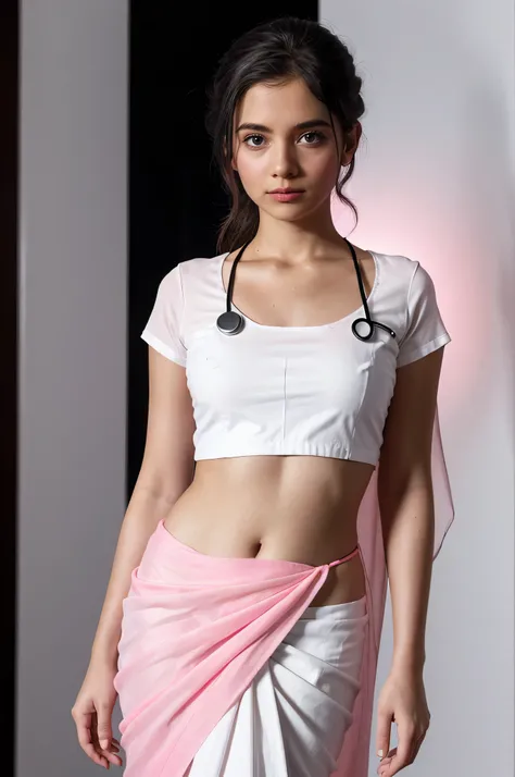 A portrait of a Beautiful freya allan, wears a(( white shirt over a pink black saree)), dark background, rim light, key lights, look like a doctor, with Stethoscope
