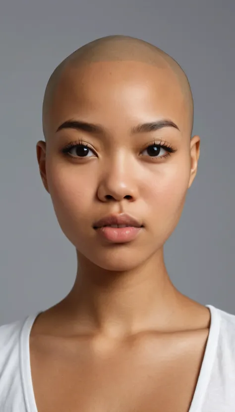 Hiper realistic and natural picture, A young pretty woman. head-bald, blasian, predominantly Asian and dark skinned. lips natural closed, frontal face symmetrically