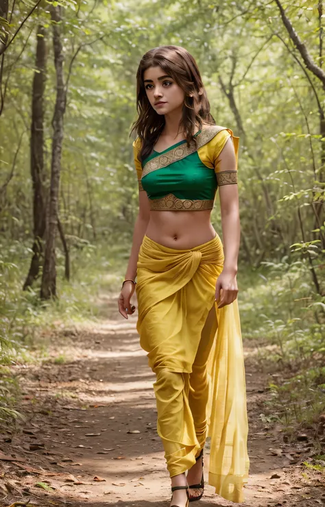 natalia dyer in a yellow sari and green top walking in the woods, with lovely look, wearing yellow croptop, sexy movie photo, with yellow cloths, indian goddess, very seductive pose, very beautiful enga style, stylish pose, movie stills, by Max Dauthendey,...