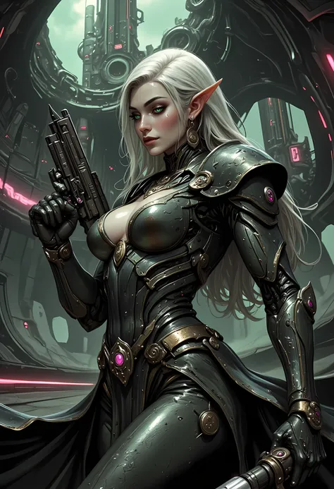 a picture black and white (only colors are black and white and  green) of a mech female elf, space swashbuckler, sci  fi  fencer, armed with a laser gun, metallic shine, full body, epic beautiful female elf, blond hair, long hair, billowing hair, small poi...