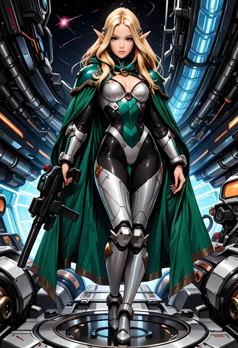 a picture black and white (only colors are black and white and green) of a mech female elf, space swashbuckler, sci fi fencer, armed with a laser gun, metallic shine, full body, epic beautiful female elf, blond hair, long hair, billowing hair, small poi...