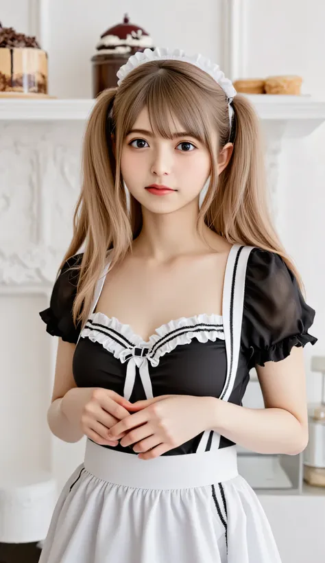 1 woman、Japanese woman、high resolution, masterpiece, anatomically correct, accurate, 最High Quality, High Quality, textured skin, cowboy shot, portrait photography, Aperture F2.8, ponytail, smiles, Hospital、 cafeteria、maid outfit、I'm taking orders、behind th...