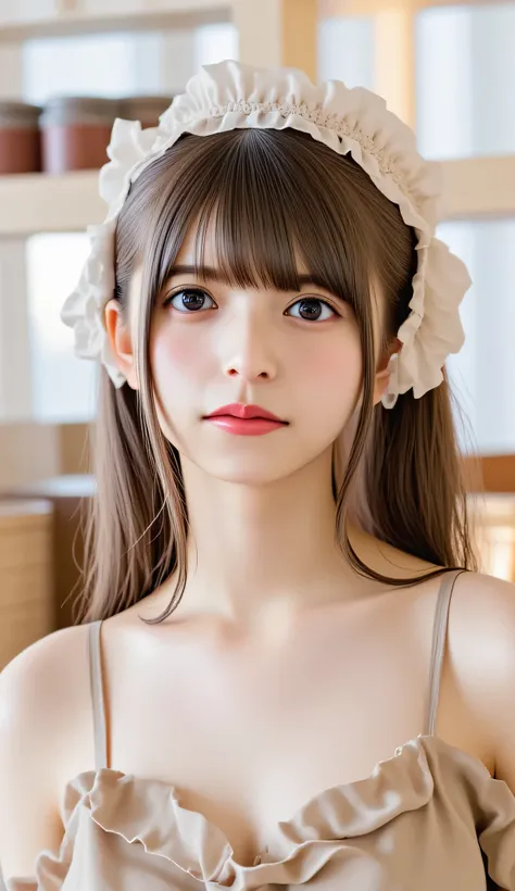 1 woman、Japanese woman、high resolution, masterpiece, anatomically correct, accurate, 最High Quality, High Quality, textured skin, cowboy shot, portrait photography, Aperture F2.8, ponytail, smiles, Hospital、 cafeteria、maid outfit、I'm taking orders、behind th...