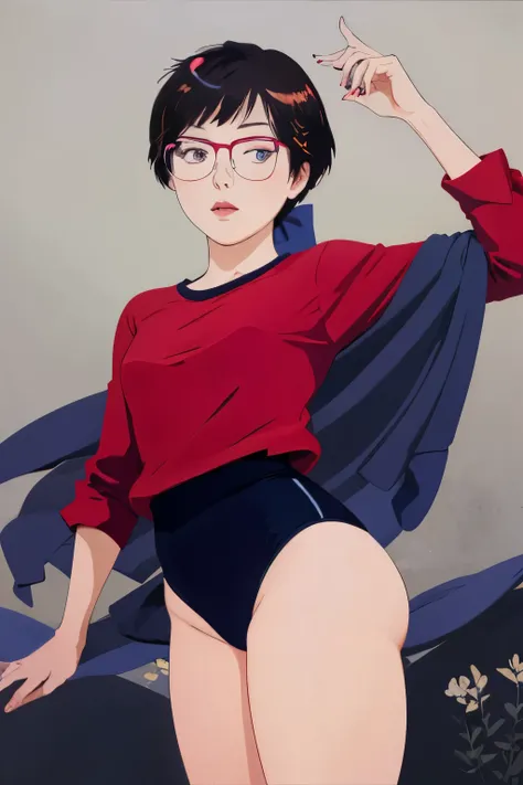 (​masterpiece、top-quality、Official art:1.2)、(flat-colors:1.5)、(colourfull)、Look at viewers、1girl in、solo、white backgrounid、Colorful water levitation、(2D:1.5),A pink-haired, Platinum pink eyes、Red glasses with slightly thick frames, No bangs , Short bob hai...