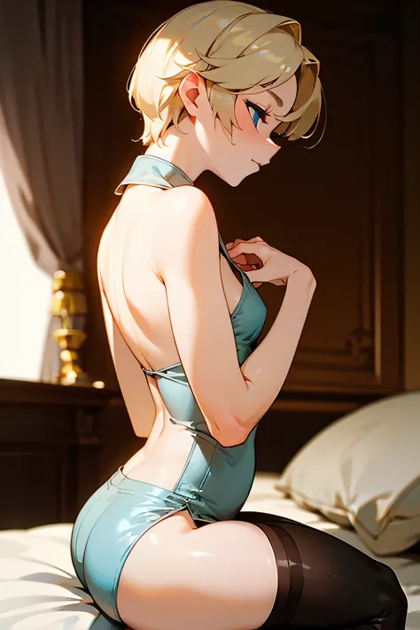 A femboy sits on the bed on his knees, revealing his pale and soft skin. He wears a Victorian shirt that slips off his shoulders, revealing the delicate curves of his back and wears a mini skirt along with white knee-length tights. The soft light highlight...
