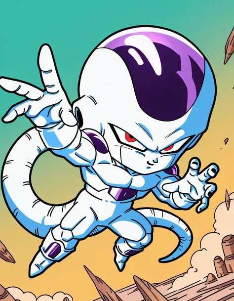 chibi,(dynamic angle,dynamic near fighting pose),solo,man,frieza, open hand, floating mid air pose, frieza(dragon ball z), solo, looking at viewer, tail, feet with three fingers, three fingers feet, 1boy, frieza, red eyes, colored skin, tail,soft linart,fl...