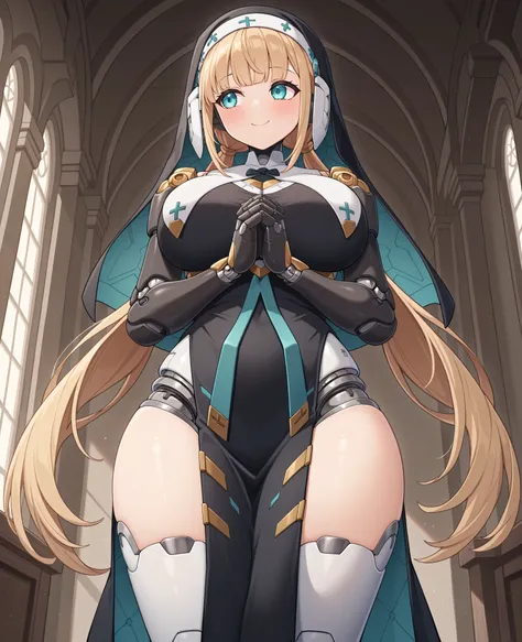 highres, best quality, masterpiece, indoors,
1girl, solo, gvlanull, android, robot joints, mechanical arms, very long hair, blonde hair, low twintails, aqua eyes, large breasts, 
nun, habit, black dress, pelvic curtain,
looking away, blush, smile,
standing...