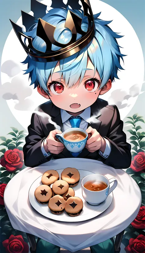 (score_9, score_8_up), (ultra detailed), (8k), (cute face), (detailed eyes:1.3), (shiny eyes), (masterpiece eyes), (1 boy), (shota:1.5), (sitting on chair:1.3), (circle tea table in front of body:1.2), (white table cloth), (tea set on table), (tea in cup),...