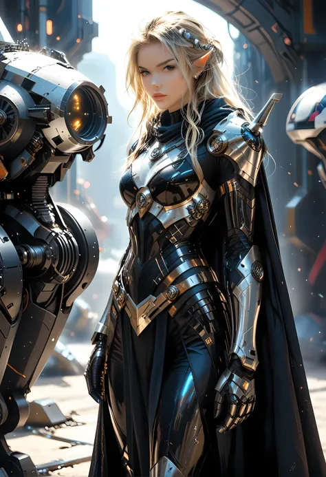 a picture of a mecha female elf, space swashbuckler, sci  fi  fencer, armed with a laser gun, metallic shine, full body, epic beautiful female elf, blond hair, long hair, billowing hair, small pointed ears, wearing  blue cloak, long cloak, wearing elven in...