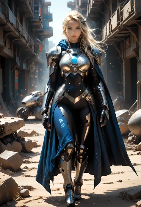 a picture of a mecha female elf, space swashbuckler, sci  fi  fencer, armed with a laser gun, metallic shine, full body, epic beautiful female elf, blond hair, long hair, billowing hair, small pointed ears, wearing  blue cloak, long cloak, wearing elven in...