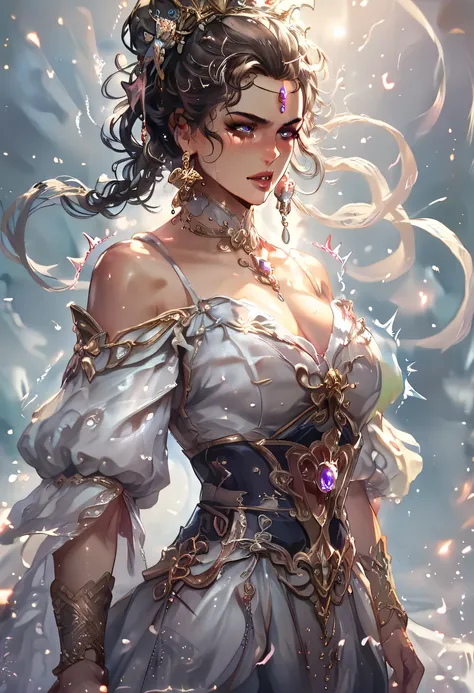 A distraught woman in an elegant vintage gown, her long skirt flowing and her fitted bodice accentuating her trembling form, stands in a dramatic, anguished pose. Her face is contorted with grief, eyes filled with tears as she cries out in despair. Before ...