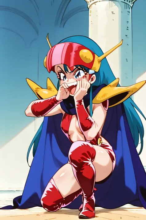 masterpiece、top quality、very aesthetic、Absard Dress、1 girl crouching、One person、young lady pose、(Laughter:1.5)、Kuki_king、Oyomiko、long hair、blue eyes、chest、 shiny skin nsfw 、hair ornament close to the garden、 yellow shoulder pads 、 Blue Cloak、red bikini arm...