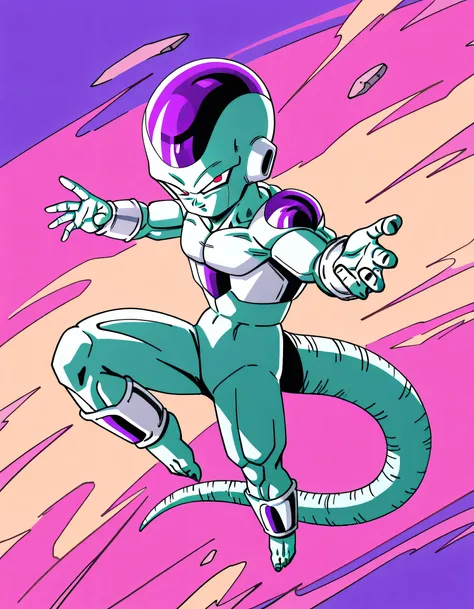 sideview,(dynamic angle,dynamic near fighting pose),solo,man,frieza, closed up face,open hand, floating mid air pose, frieza(dragon ball z), solo, looking at viewer, tail, feet with three fingers, three fingers feet, 1boy, frieza, red eyes, colored skin, t...
