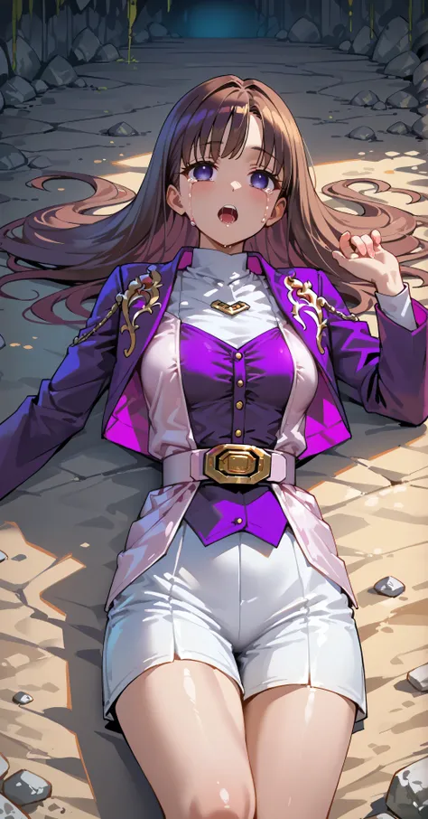 (高精細CG), (best quality), IN THE CAVE,1 girl, perfect face,  wide hips,  Slim waist,  , purple bolero jacket,white skirt,long sleeve, Pink Belt,   straight and long hair , brown hair, ((( empty eyes ))),crying,has its mouth open,lying on the ground on your ...