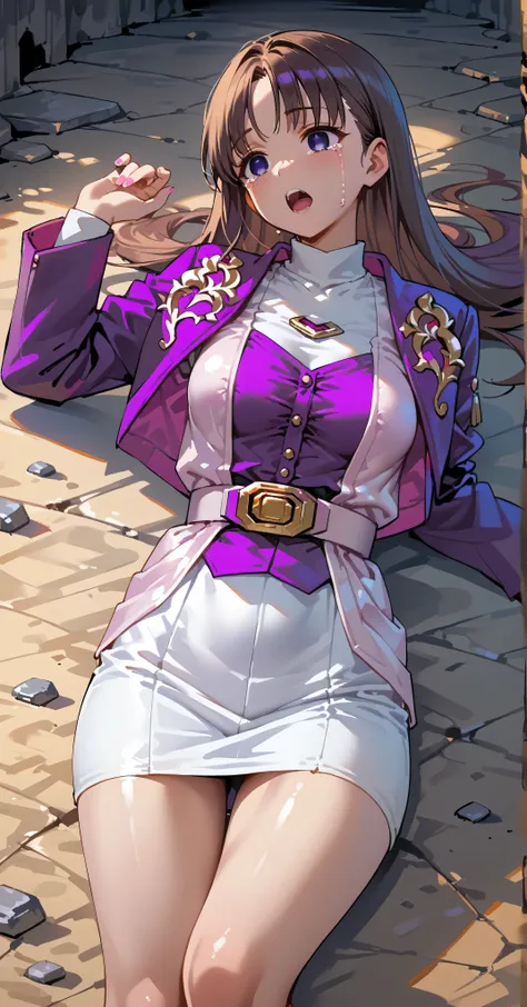 (高精細CG), (best quality), IN THE CAVE,1 girl, perfect face,  wide hips,  Slim waist,  , purple bolero jacket,white skirt,long sleeve, Pink Belt,   straight and long hair , brown hair, ((( empty eyes ))),crying,has its mouth open,lying on the ground on your ...