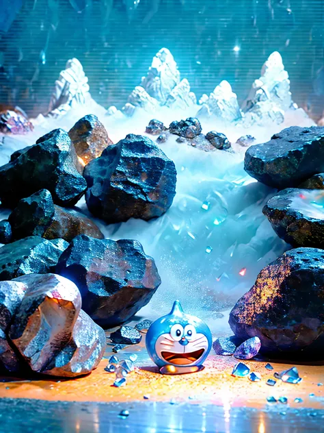 RAW pictures of blue slime , Doraemon、 Compa、RAW photo of mountains in the distance、Half luminescence、glass texture、crystal、crystals, Emits colorful light, Split lighting, creative background design, Surreal Scene , Natural rendering, fantasy, High Quality...