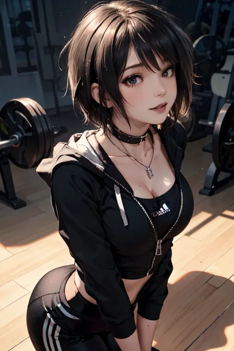 Girl, woman, emo_hairstyle, black lipstick, dog collar, necklace, eyeliner, eye shadow, smoky eyes, realistic lighting, short hair, shiny skin, big breast, black long sleeved zipper top, zipped hoodie, cleavage, adidas pants, tight sports pants, unzipped t...