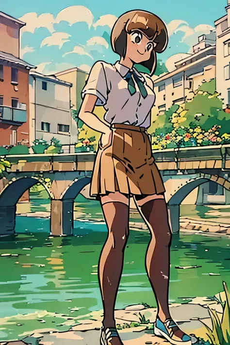 nabiki with light brown hair, with her skinny body smile and have manga bobs in spring with skirt walking in naviglio river full body, with full arms and hands show, full legs and feet shot with nike shoes how her full skinny body 