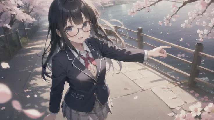 ( top quality、4K、8k、 high resolution、 greatest masterpiece:1.2) angle from above,The Greatest Smile,，cute anime girl with dyed cheeks、 glasses，black hair，long hair 、Posoro,high school girl，blazer uniform，Walk along the path where cherry blossom petals danc...