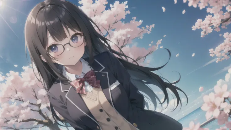 ( best quality、4K、8k、 high resolution、 greatest masterpiece:1.2) angle from above, looks up,Photo,Confession，is a cute anime girl with dyed cheeks, shy face，Cute Anime Girl、 glasses，black hair，LONG HAIR 、solo,high school girl，blazer uniform，Cherry Blossom ...