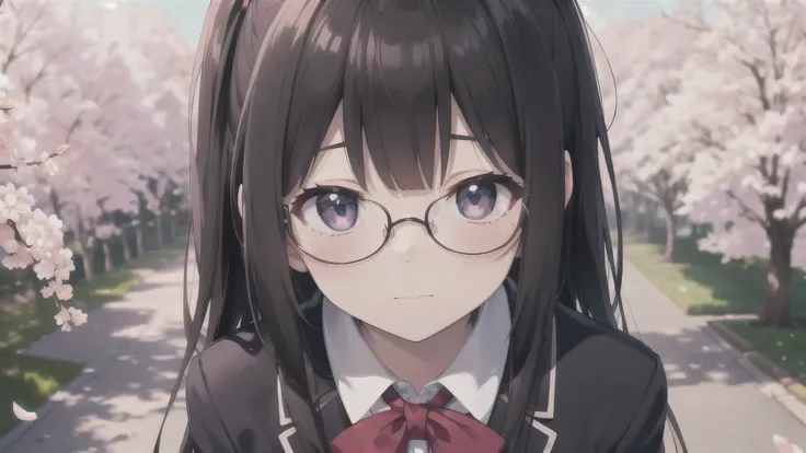 ( best quality、4K、8k、 high resolution、 greatest masterpiece:1.2) angle from above, looks up,Photo,Confession，is a cute anime girl with dyed cheeks, shy face，Cute Anime Girl、 glasses，black hair，LONG HAIR 、solo,high school girl，blazer uniform，Cherry Blossom ...