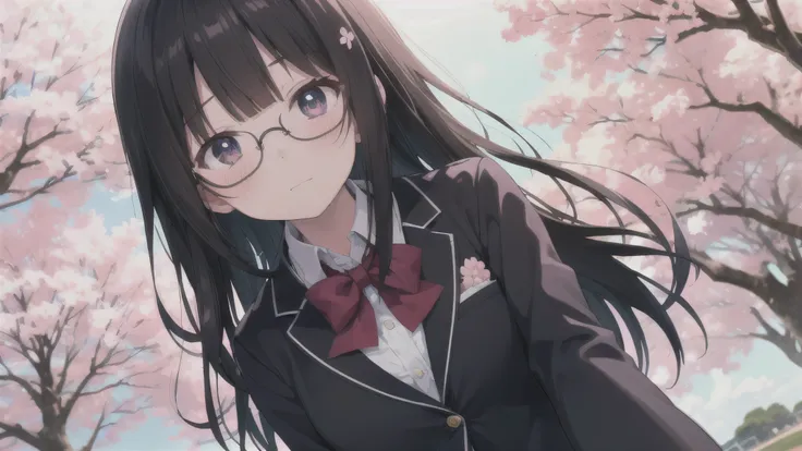 ( best quality、4K、8k、 high resolution、 greatest masterpiece:1.2) angle from below,Photo,Confession，is a cute anime girl with dyed cheeks, shy face，Cute Anime Girl、 glasses，black hair，LONG HAIR 、solo,high school girl，blazer uniform，Cherry Blossom Festival ,