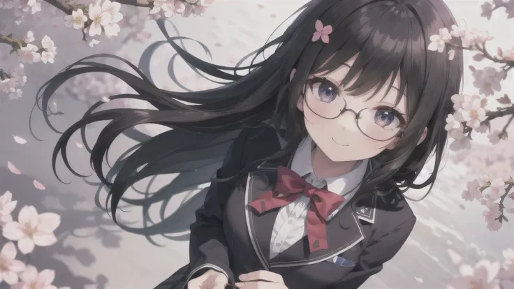 ( best quality、4K、8k、 high resolution、 greatest masterpiece:1.2) angle from above,The Greatest Smile,Cute Anime Girl、 glasses，black hair，LONG HAIR 、solo,high school girl，blazer uniform，Cherry Blossom Festival ,
