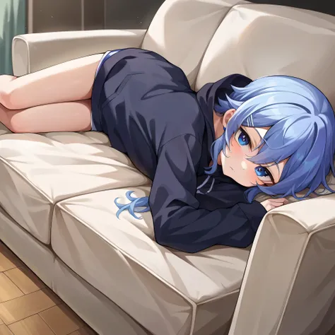 score_9, score_6_up, source_anime, 1girl, lying, on couch, Hoshimachi suisei_base, black hoodie