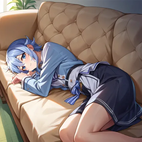 score_9, score_6_up, source_anime, 1girl, lying, on couch, Hoshimachi Suisei,The overall mood is relaxed and slightly sexy