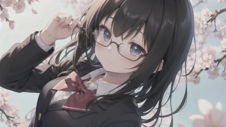 ( best quality、4K、8k、 high resolution、 greatest masterpiece:1.2) angle from above, looks up,Photo,Confession，is a cute anime girl with dyed cheeks, shy face，look into the distance,Cute Anime Girl、 glasses，black hair，LONG HAIR 、solo,high school girl，blazer ...