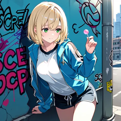 masterpiece, best quality, 1girl, solo, open jacket, leaning, graffiti, urban, holding white lollipop, looking away, score_9, score_8_up, score_7_up,source_anime,BREAK,
light smile, shirogane noel