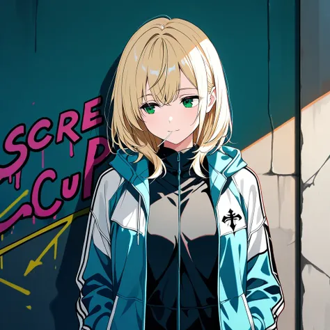 masterpiece, best quality, 1girl, solo, open jacket, leaning, graffiti, urban, holding white lollipop, looking away, score_9, score_8_up, score_7_up,source_anime,BREAK,
light smile, shirogane noel